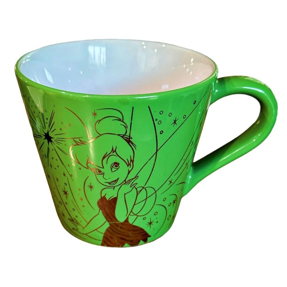 Disney Store Exclusive Tinkerbell Disney Fairies Coffee Mug Cup Green Gold 12 OZ
